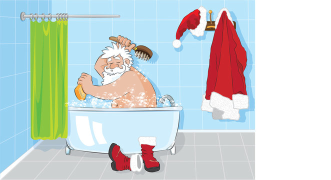 Santa Claus taking bath before Christmas