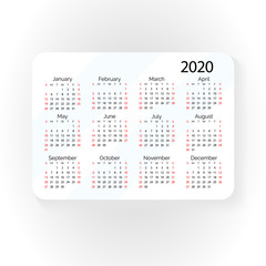 Horizontal vector pocket calendar 2020 year. Minimal business simple clean design. English grid, week starts from sunday