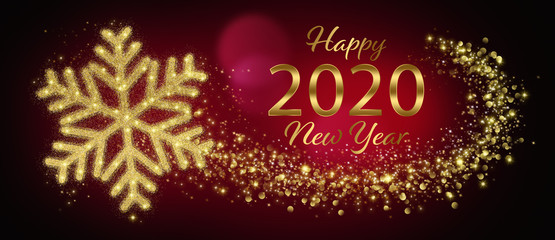 Fototapeta na wymiar Happy 2020 New Year Greeting Card With Golden Snowflake In Abstract Red Night