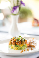 vegetable salad with chanterelles, baked fish