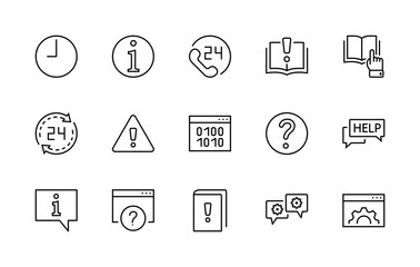 Set of Help And Support Vector Line Icons. Contains such Icons as Handbook, Book, Online Help, Tech Support and more. Editable Stroke. 32x32 Pixels
