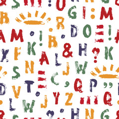 Vector Grunge Alphabet Seamless pattern. Handwritten Letters and punctuation Paint Brush Strokes. Back to school. ABC background