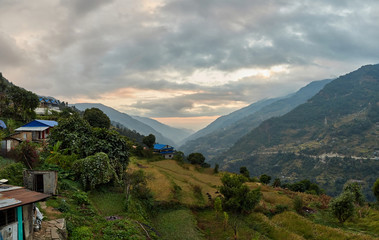 Landruk, Nepal - harvested rice fields and small vegetable gardens. A small village not far from the route to Annapurna base camp.