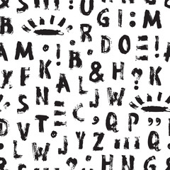 Vector Grunge Alphabet Seamless pattern. Handwritten Letters and punctuation Paint Brush Strokes. Back to school. ABC background 