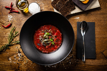 Beetroot soup served in a bowl in restaurant