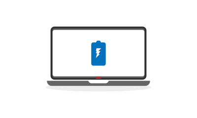 Laptop with battery icon on screen. Vector illustration in flat style