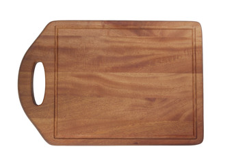 Dark wooden cutting board isolated on white, top view