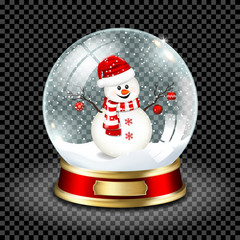 Realistic transparent snow globe with snowman, isolated.