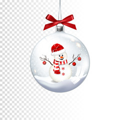 Realistic transparent christmas ball with bow and snowman, isolated on transparent background.