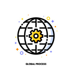 Icon of gear and globe for international business process concept. Flat filled outline style. Pixel perfect 64x64. Editable stroke