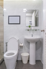 Naklejka na ściany i meble Modern white toilet bowl and bathtub decoration in bathroom interior contemporary