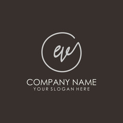 EV initials signature logo. Handwritten vector logo template connected to a circle. Hand drawn Calligraphy lettering Vector illustration.