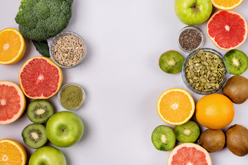 Detox or Diet Concept Green Apple Broccoli Kiwi Green Apple Grapefruits Super Foods Matcha Pumpkin Seeds Chia Seeds Ingredient for Smoothie or Juice Top View Flat Lay Frame Healthy