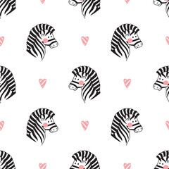 Animals Background for Kids. Vector Seamless Pattern with doodle Cute Zebra and Hearts. Children's wallpaper