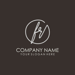 FR initials signature logo. Handwritten vector logo template connected to a circle. Hand drawn Calligraphy lettering Vector illustration.