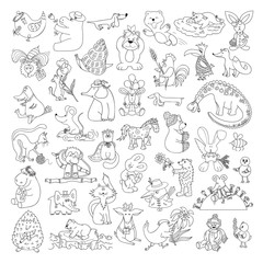 Big Vector Set of Funny Wild Animals and Pets. Coloring Page for kids. Cute Cartoon Animals, Birds, Insects and Fishes for Coloring Book 