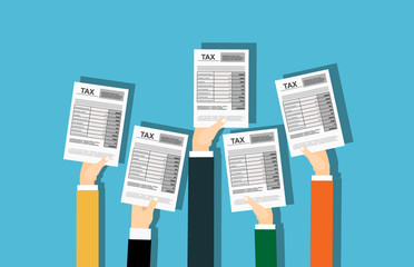 TAX form concept vector illustration of people showing fullfilled papers. Flat human hands hold annual fullfilled indiviual inmome tax forms