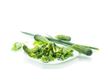 fresh salad of cucumbers and greens in a plate isolated on white