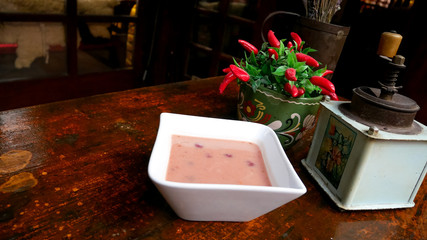 Naklejka na ściany i meble Soup on a restaurant table