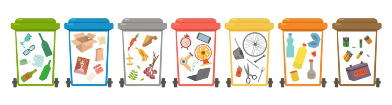 Waste sorting, Sorting waste for recycling, garbage sorting, recycling bins. Different types of garbage: paper, plastics, scrap metal, glass, organic, e-waste. Modern flat vector illustration.