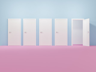 Room with closed doors with the exception of one door open - 3d illustration