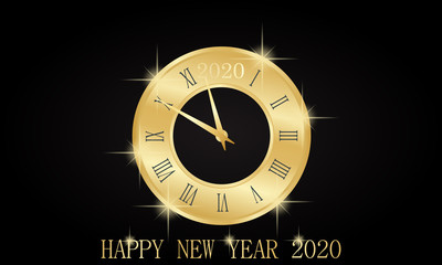 HAPPY NEW YEAR 2020 CLOCK golden With roman dial Countdown to 2020. Happy NEW YEAR Merry Christmas greeting card on black background. vector illustration