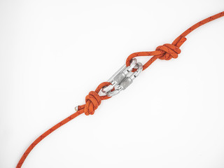 Two ropes connected by two carabiners.  Couple of the silver carabiners with lock and two red ropes isolated on white.