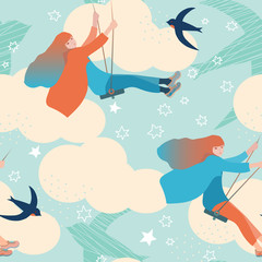 Swinging girl flying high up to the clouds. Vector seamless pattern. 
