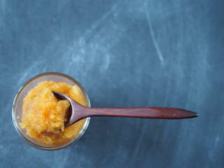 pike river fish roe on dark blue wooden background