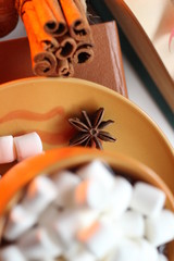Cocoa with marshmallows and cinnamon sticks and star anise