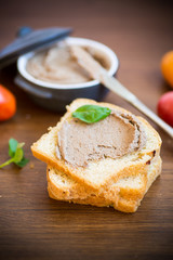 sandwiches with homemade chicken liver pate closeup