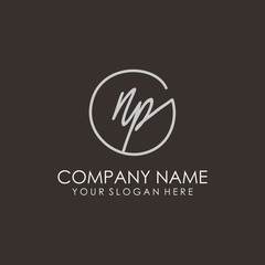 NP initials signature logo. Handwritten vector logo template connected to a circle. Hand drawn Calligraphy lettering Vector illustration.