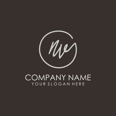 NV initials signature logo. Handwritten vector logo template connected to a circle. Hand drawn Calligraphy lettering Vector illustration.
