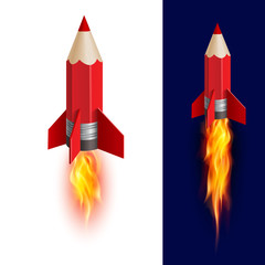 Red Pencil Rocket Ship with Fire. Isolated on White and Dark Blue Background. Illustration with Flying Pencil. Creativity Sign. Creative Idea Symbol
