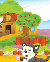 cartoon scene with cat having fun on the farm - illustration for children