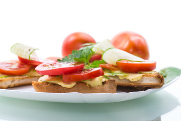 tasty sandwich with curd paste, fresh cucumbers and tomatoes
