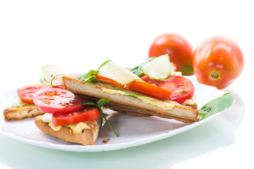 tasty sandwich with curd paste, fresh cucumbers and tomatoes