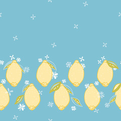 Tropical seamless boder with yellow lemons. Fruit repeated background. Vector bright print for fabric or wallpaper