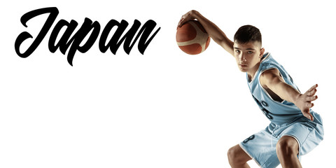 Obraz premium Portrait of young basketball player with ball isolated on white studio background. Teenager confident posing with ball. Concept of sport, movement, healthy lifestyle, ad, action, motion. Japan. Flyer.