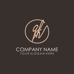 QK initials signature logo. Handwritten vector logo template connected to a circle. Hand drawn Calligraphy lettering Vector illustration.