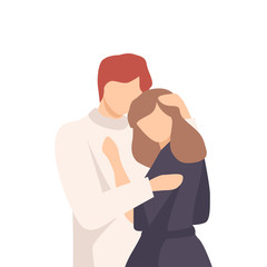 Feceless Man Standing and Embracing Young Woman Stroking Her Hair Vector Illustration
