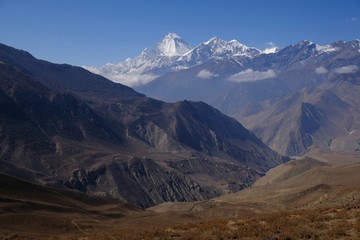 Amazing view of Mustang land in Nepal. White Dhaulagiri Mountain in background. Nepal, Himalaya