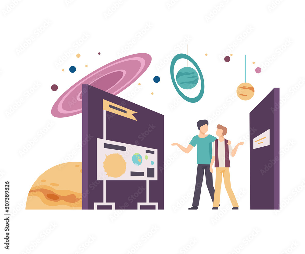 Sticker Young Guys Walking Along Stands in Planetarium and Learning Galaxy Vector Illustration