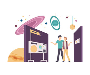 Young Guys Walking Along Stands in Planetarium and Learning Galaxy Vector Illustration © topvectors