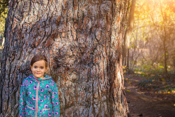 Little girl stands near giant old-growth  relic tree trunk in forest on sunny day. Nature care...