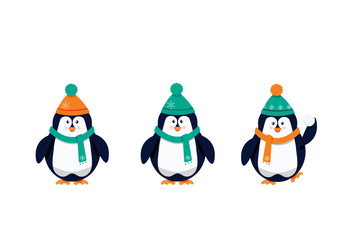 Fototapeta premium Three vector cartoon penguins in winter warm clothes.