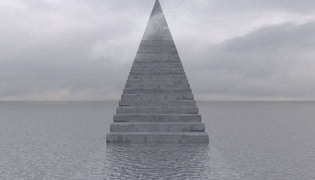 Concrete surreal staircase leading from the surface of the sea to the sky. Conceptual creative illustration with copy space. 3D rendering.