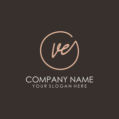 VE initials signature logo. Handwritten vector logo template connected to a circle. Hand drawn Calligraphy lettering Vector illustration.