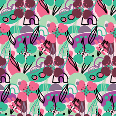 seamless repeat pattern with flowers, leaves and abstract shapes