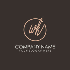 WK initials signature logo. Handwritten vector logo template connected to a circle. Hand drawn Calligraphy lettering Vector illustration.